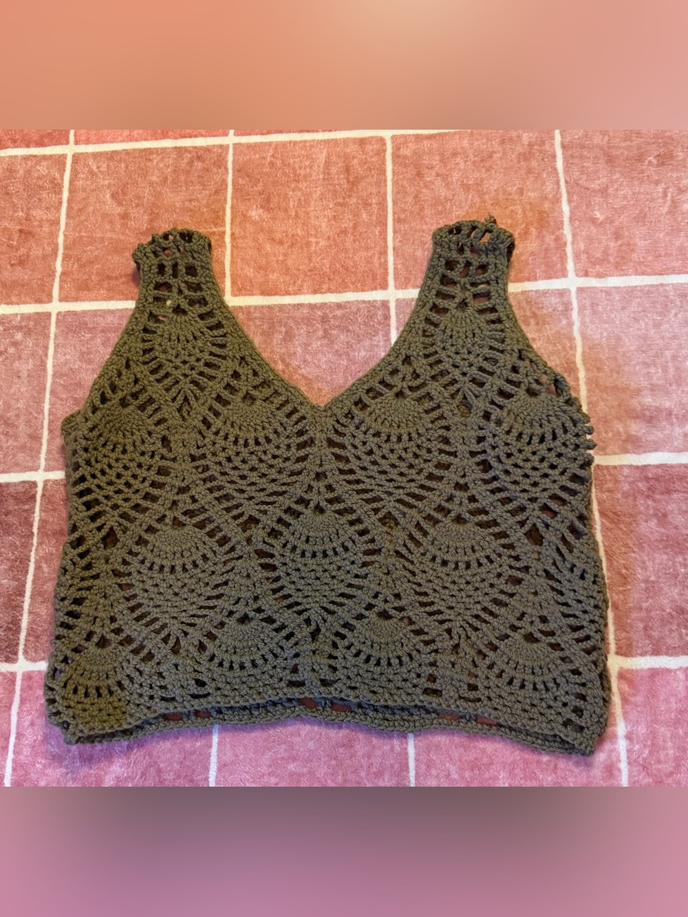 Hand Crafted Olive Crochet Shell-Pattern Crop Top